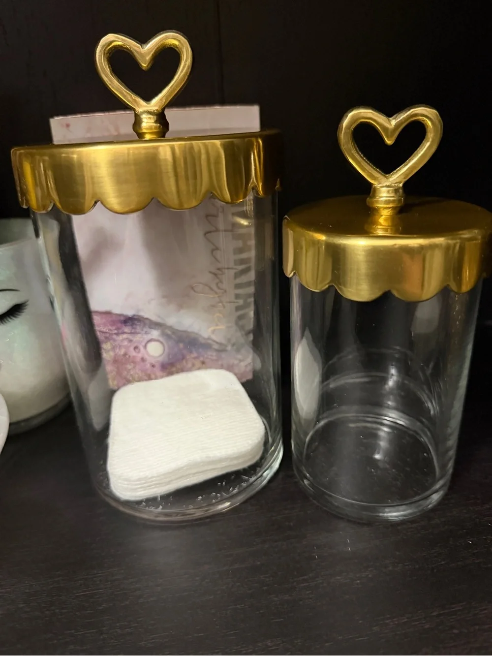 Pottery Barn Heart-Top Glass Canister Set with Gold Lids